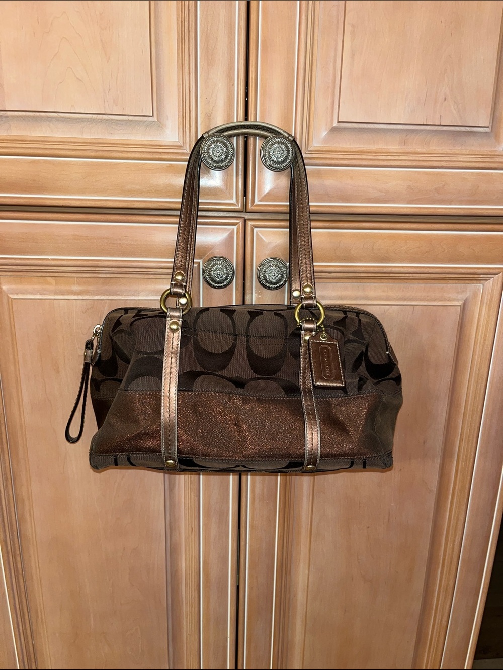 Coach Brown Signature Canvas Satchel  with Metallic Trim Produced 2009